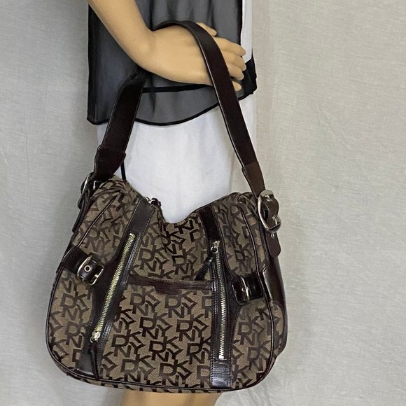 DKNY Brown Tan All Over Logo Fabric Hobo Bag - Picture 8 of 12
